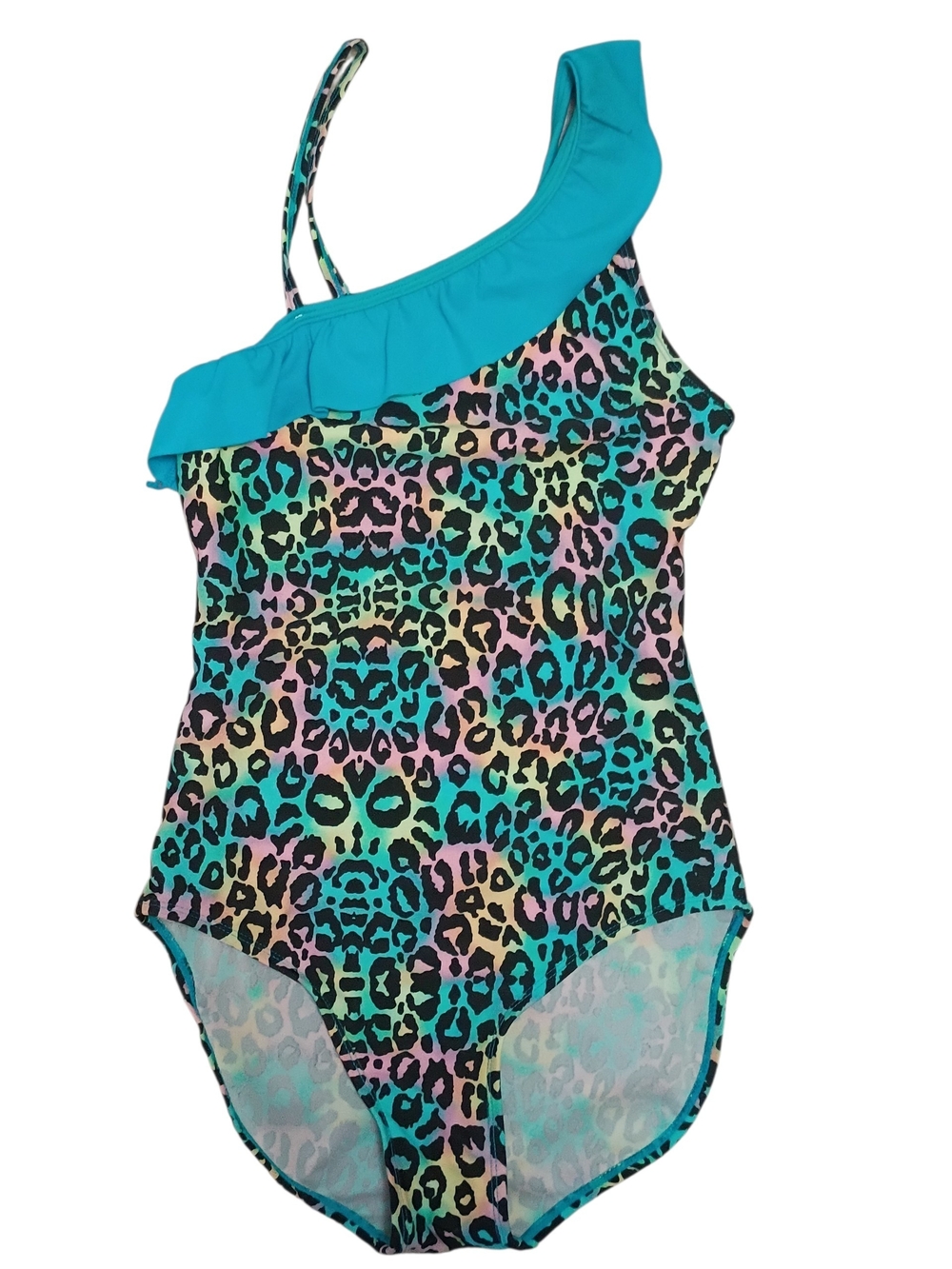 One-Shoulder Ruffle Leopard Print Swimsuit - Teal Multi Girls Size 8